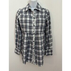 Free People Blouse Babydoll Button Down Womens 8 Floral Plaid Cotton Beachy EUC